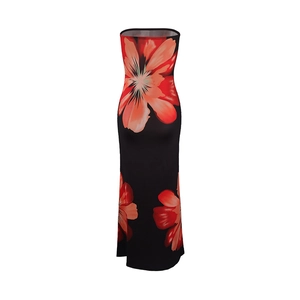 Detail view of black tube maxi dress featuring vibrant red floral prints and slim fit cut