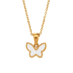 Chic butterfly pendant necklace in gold finish with white inlay and classic O-link chain