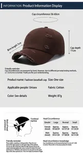 Detailed size guide for brown distressed baseball cap with head measurements