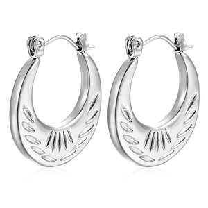French vintage style stainless steel hoop earrings with engraved feather patterns