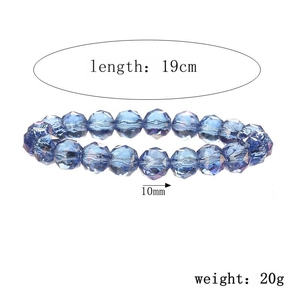 Detail of 10mm faceted blue crystal beads on elastic string bracelet with size labels