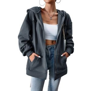 Women's dark gray oversized zip-up hoodie featuring a fleece texture and casual fit