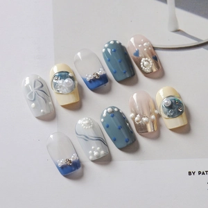 French relief pearl nail stickers with Morandi blue, beige, and marble patterns