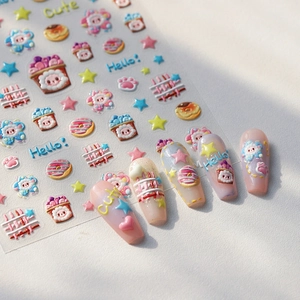 3D embossed cartoon nail art stickers with sweet pig and donut patterns in macaron colors