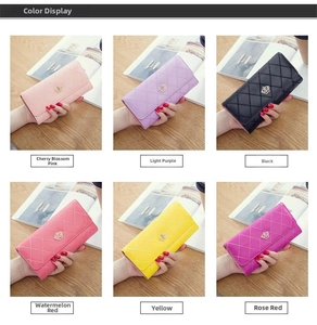 Six colors of long tri-fold women's wallets with crown charms and quilted PU leather
