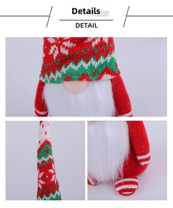 Close-up of Christmas gnome showing snowflake knit hat, white beard, and striped legs
