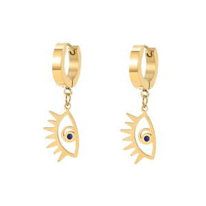 Titanium steel evil eye earrings with green crystal inlay in a luxury gold finish
