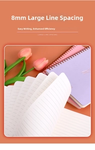 Detail of A5 spiral notebook featuring 8mm large line spacing for comfortable writing