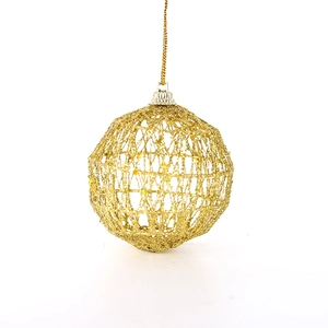 Sparkling gold wire mesh Christmas ball ornament with glitter finish and hanging string