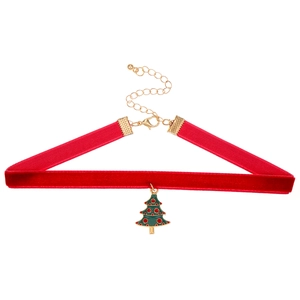 Festive red velvet choker necklace with green Christmas tree pendant and gold clasp