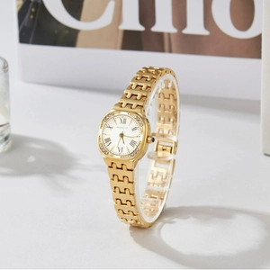 Elegant women's gold quartz watch with square Roman dial and diamond bezel on a metal band