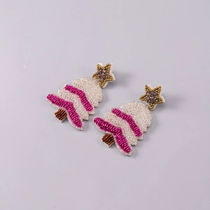 Detailed view of handmade beaded Christmas tree earrings with colorful seed beads