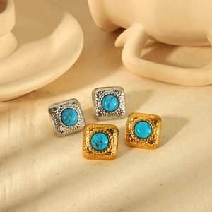 Boucles d'oreilles vintage en acier inoxydable avec turquoise et texture martelée