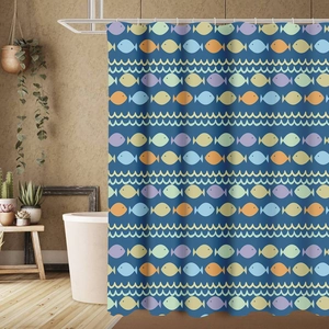 Detailed pattern of colorful fish and white waves on a waterproof navy blue shower curtain