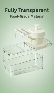 Exploded view of a modular food-grade vegetable slicer showing transparent parts and blades