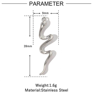 Detailed size specifications for a polished stainless steel snake pendant with measurements