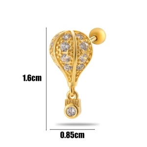 Detailed view of gold hot air balloon earring with clear crystals and dimensions