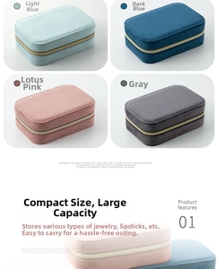 Detail of velvet jewelry boxes in blue, pink and grey with secure zipper closure