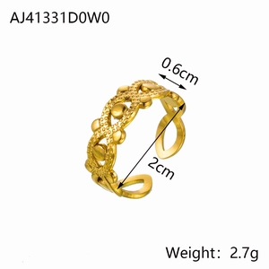 Vintage golden adjustable open ring with woven texture and bead details, 0.6cm width