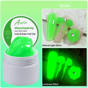 Luminous solid builder nail gel in neon green shown in light and dark glowing effects