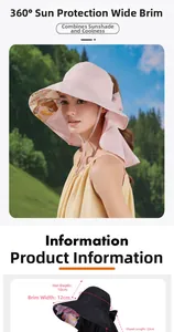 Detail view of pink and black sun hats showing 12cm brim and 22cm protective neck shawl