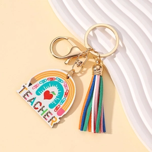 Teacher Appreciation Keychain Rainbow Wooden Plaque Multicolor Leather Tassel Keychain Creative Gift For Teacher Jewelry Pendant
