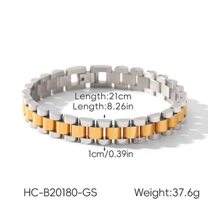 Macro view of 18k gold plated stainless steel watch-style bracelet with size dimensions