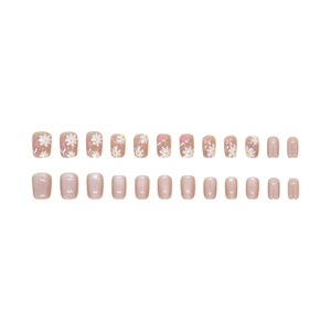 Short ballet cat eye press-on nails with floral hand-painted designs and glitter finish