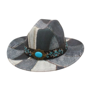 Stylish western cowboy hat with grey patchwork denim print and turquoise floral embroidery