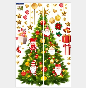 Christmas tree wall stickers with colorful ornaments and cartoon Santa Claus figures