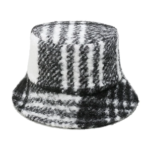 Classic black and white plaid teddy fleece bucket hat for winter warmth and retro style