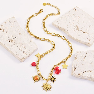 Golden titanium steel necklace with sunflower, red heart, and star charms on stones