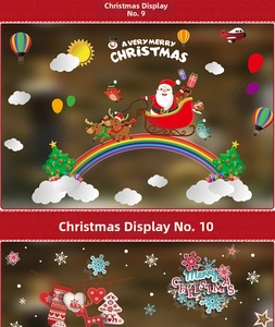Detailed Christmas window decals showing Santa in a reindeer sleigh and festive snowflakes
