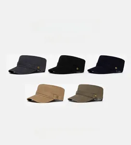 Flat top military caps for men in five colors with metal button detail and cotton twill texture