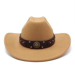 Classic camel wool felt western cowboy hat with wide brim and leather riveted band
