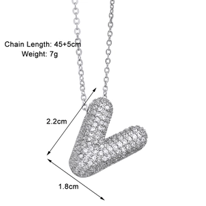Detailed size specifications for the silver letter V necklace with cubic zirconia