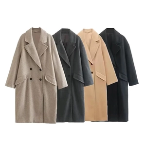 Women Woolen Overcoat Double Breasted Long Trench Coat Lapel Collar Loose Fit Casual Elegant Solid Outerwear