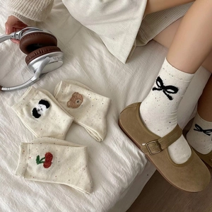 Cute preppy style mid-calf cotton socks with embroidered bear and bow patterns