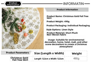 White short plush Christmas tree skirt with gold snowflake stamping, 122cm size detail