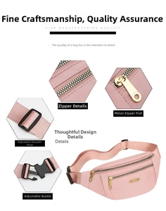Detail view of pink fanny pack showing gold zippers and adjustable shoulder strap buckle