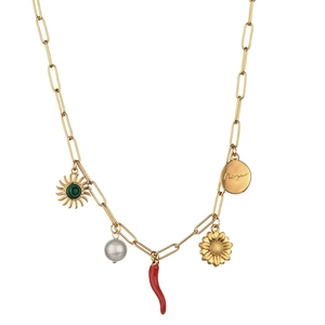 Golden paperclip chain necklace with sun, pearl, and diverse charms on white background