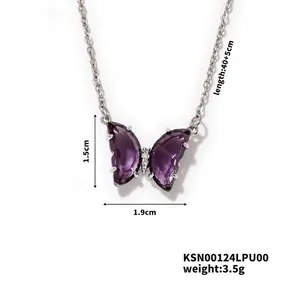 Detail view of purple zircon butterfly pendant necklace with dimensions 1.5cm by 1.9cm