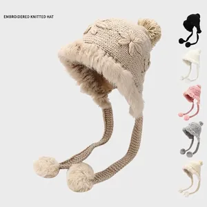 Women Winter Beanie Hat With Faux Fur Trim Earflap Pompoms Thickened Plush Lining Acrylic Knit Windproof Outdoor