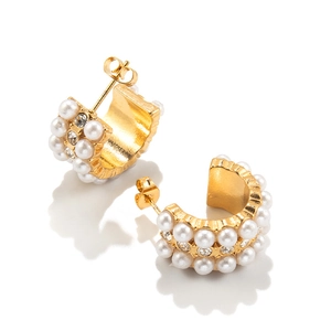 French Retro C-Shaped Stainless Steel Earrings 18K Gold Plated With Artificial Pearls And Rhinestones For Women Chic Style