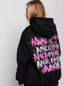 Oversized black hoodie for men and women featuring pink AMOR graffiti back print