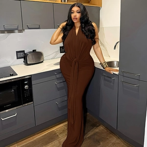 Deep brown halter neck maxi dress with waist tie and mermaid silhouette