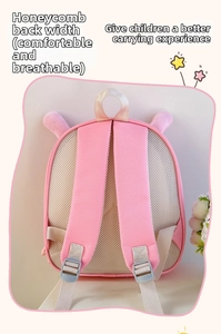 Detail of pink toddler backpack showing breathable honeycomb mesh back and wide straps