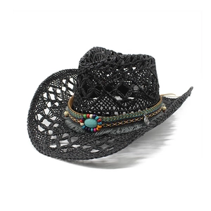 Handwoven black hollow-out western straw cowboy hat with ethnic beads and tassels decoration