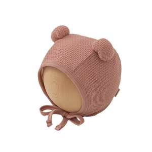 Breathable baby knit bonnet with bear ears and chin ties in dusty pink color
