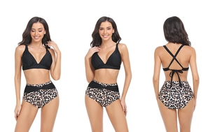 Three-way view of black halter bikini top with high-waisted leopard print bottoms